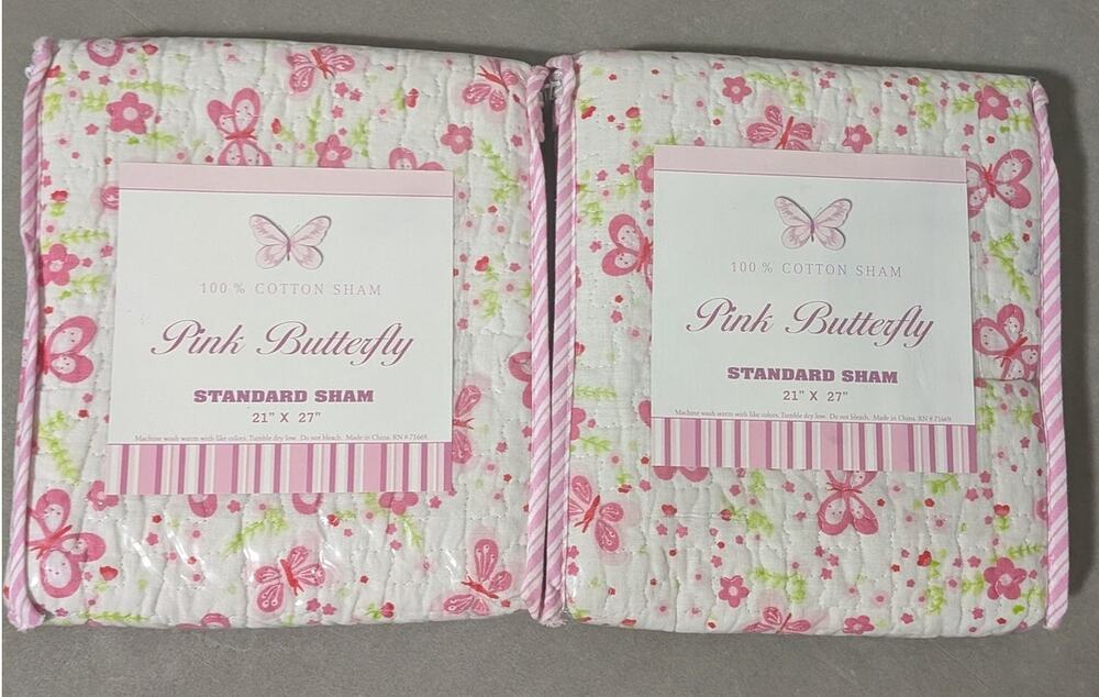 New Vtg Target Pink Butterfly Standard Quilted Sham Set of 2 100% Cotton 21x27